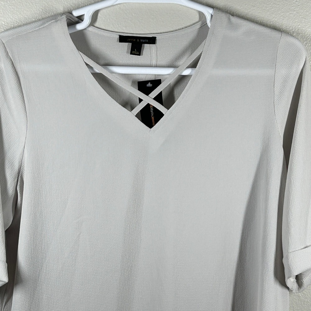 Jennie & Marlis Gray Crisscross V-Neck Tunic Top Short Cuffed Sleeve N25-6234 L